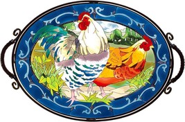 French Hens Serving Tray Joan Baker Blue Rim Glass Metal Country Beveled Design  image 1