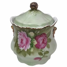 Vintage Lefton China Heritage Rose Green Covered Biscuit Jar 6-1/4&quot; Japan 6131 - £53.11 GBP