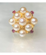 14K Yellow Gold Vintage Cluster Pearl Ruby Ring - $1,220.00