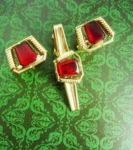 Vintage Formal Red Cufflinks Foster Gold Filled Men&#39;s Wedding Set Jeweled Cuff L - £86.86 GBP