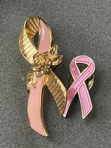 Vintage Lot Avon Pink Enamel w Goldtone Rose Pink Breast Cancer Ribbon for a Cau - £6.86 GBP