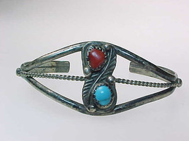 CUFF BRACELET Turquoise and Coral in Sterling Silver - 11.4 grams - Vintage - £35.97 GBP