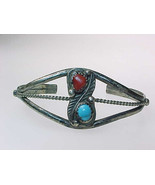 CUFF BRACELET Turquoise and Coral in Sterling Silver - 11.4 grams - Vintage - $45.00