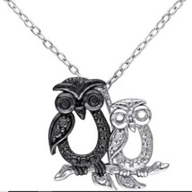 Black Natural Diamond Accent Couple Owl Pendant Necklace 14K Gold Plated Silver - £95.60 GBP