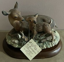 Vintage 1979 Homco Porcelain Deer &amp; Fawn Figurine W/ Wooden Base &amp; Hang Tag - $34.25