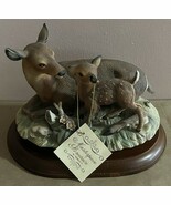 Vintage 1979 Homco Porcelain Deer &amp; Fawn Figurine W/ Wooden Base &amp; Hang Tag - $34.25