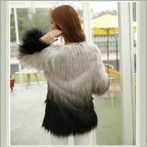 Gradient Gray / Black Imitation Long Hair Shaggy Fur O Neckline Faux Fur Coat  image 2