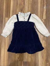 Vintage Sears Girls Long Sleeve Dress Attached Navy Blue Velvet Pinafore Size 5 - £11.36 GBP