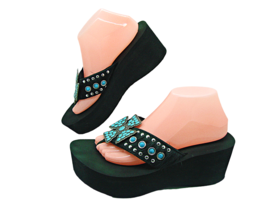 Grazie Arena Black Turquoise Cross Stone Wedge Platform Flip Flop Sandal... - £26.50 GBP