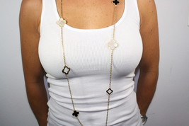 9 Hand Crafted Onyx and Mother of Pearl Quatrefoil Motif Necklace - £99.36 GBP