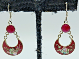 Vintage Alpaca Mexico 925 Silver Abalone Red Enamel Dangle Hook Earrings - £17.49 GBP