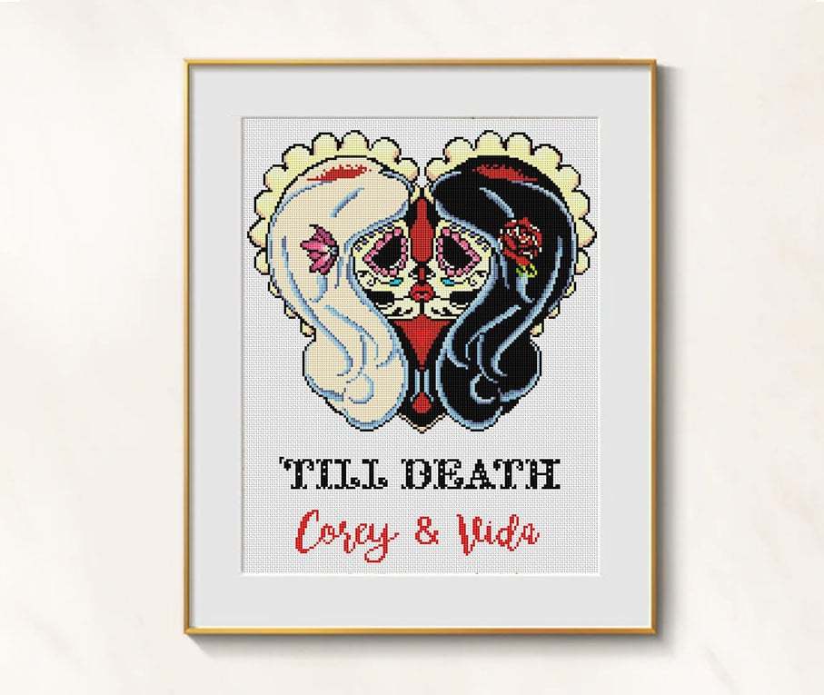 Two Brides cross stitch wedding pattern pdf - skull wedding embroidery p... - $3.29