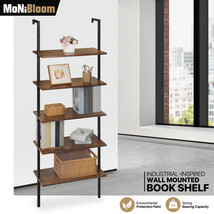 Wooden[Rustic 5-TIER Wall Mounted Ladder Shelf]Industrial Bookcase Storage Rack - £97.50 GBP