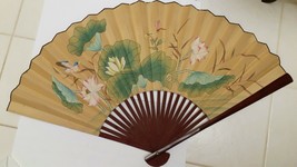 LG Oriental Hand Painted Fan Hummingbird Water Lily Dragonfly Wood 50&quot;x2... - $99.95
