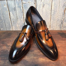 Hand Made Men Two Tone Black Brown Loafer Tassels On Real Leather Shoes US 7-16 - £111.39 GBP