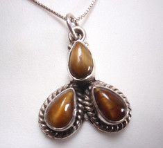 Tiger Eye Triplets with Rope Style Accents 925 Sterling Silver Necklace - $11.69