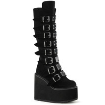 DEMONIA SWING-815 Wedge Platform Goth Buckle Black Velvet Women Knee High Boots - £115.84 GBP