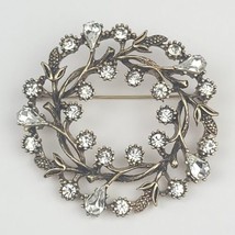 Flower Wreath Brooch Pin Gold tone with Rhinestones - £11.19 GBP