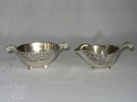 Silver Tone Metal Creamer Sugar Bowl Vintage Raised Floral Design 4 Footed Japan - £23.48 GBP