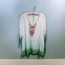Chico&#39;s Ombre Beaded Tunic Top SS Tropic Emerald Rayon Size 3/XL White Green NWT - £26.36 GBP