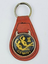 Vintage Gemini II leather keychain keyring metal back Orange w Black Face - $10.29