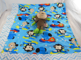 Bue cotton flannel 2 layer baby blanket with airplanes dog + Fisher price monkey - $19.79