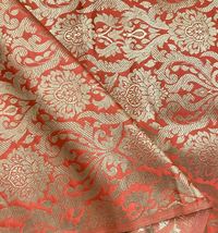 Banarasi Brocade Fabric Orange Coral &amp; Gold Fabric Wedding Dress Fabric - NF666 - £8.23 GBP+