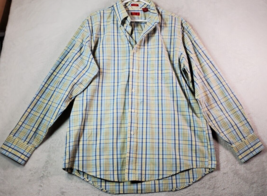 IZOD Dress Shirt Men Large Yellow Blue Plaid Cotton Easy Care Collar Button Down - £11.16 GBP