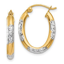 14K &amp; Rhodium 3mm Diamond Cut Oval Hollow Hoop Earrings TL659 - £144.68 GBP