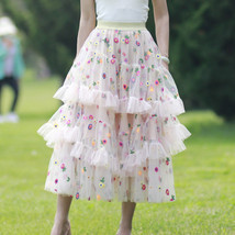 A-line Floral Tiered Tulle Skirt Outfit Women Plus Size Ivory Tulle Midi Skirt