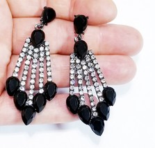 Black Drop Earrings, Bridesmaid Rhinestone Earrings, 2.6 Inch Pageant Jewelry, R - £26.44 GBP