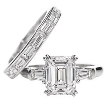 Wedding Ring Set 3.10Ct Emerald Cut Simulated Diamond 14K White Gold in Size 6 - £224.25 GBP