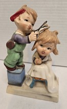 Vtg NAPCO JAPAN &quot;My First Haircut&quot; Ceramic Figurine Boy cutting sister&#39;s hair - £30.35 GBP