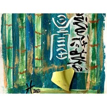 Happy Bamboo Original Art Handmade Collage Asian Calligraphy Painting 11x14in - £62.47 GBP