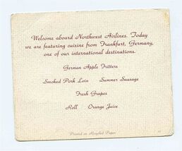 Northwest Airlines Menu Featuring Cuisine for Frankfurt Germany - $17.87