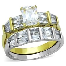 1.81Ct Emerald Cut Simulated Diamond 2 Tone Gold Plated Wedding Bridal Ring Set - £58.32 GBP