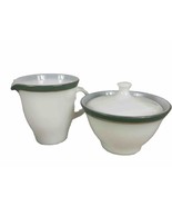 Vintage Pyrex Creamer &amp; Covered Sugar Bowl Set Milk Glass Green With Gol... - $498.63 MXN