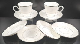 8 Pc Lenox Opal Innocence Cups Saucers Silver Rim White Embossed Floral USA Lot - £70.74 GBP