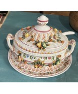 Italian Majolica Covered Tureen With Under Plate &amp; Ladle Fruit &amp; Flower ... - $271.36 CAD