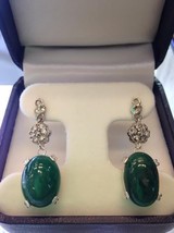 Estate Huge 18.5 ct cabochon Emerald &amp; Diamond flower 14k white gold earrings - £3,951.86 GBP