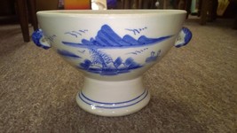 Vintage Asian Inspired Stoneware Pedestal Bowl with Hand Painting - $15.00