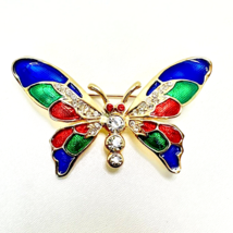 Butterfly Red Green Blue Cloisonne Enamel Rhinestones Vintage Gold Brooch V-9139 - £4.72 GBP