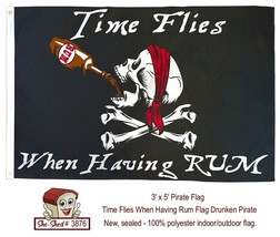 Time Flies When Having Rum Flag Drunken Pirate Skull &amp; Crossbones Flag - new - £7.95 GBP