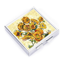 PILL BOX 4 Grid square painting Van Gogh sunflowers Stash Metal Case Holder - £9.47 GBP