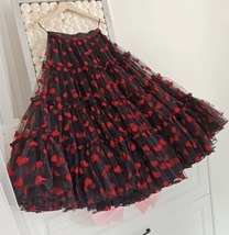 BLACK Layered Tulle Midi Skirt Heart Pattern Women Romantic Holiday Tulle Skirt image 4