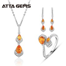 Orange Sterling Silver Jewelry Set Created Orange Sapphire Unique Gemstone Pear  - £111.30 GBP