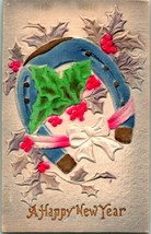 Vtg Embossed &amp; Airbrushed Postcard 1914 A Happy New Year Horseshoe Holly - £3.91 GBP