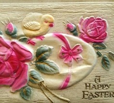 Vintage Easter Postcard Thick 3-D Raised Image Big Egg Roses Baby Chick Unused - £11.59 GBP