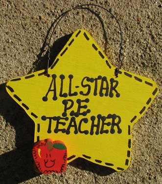 Primary image for Teacher Gifts Yellow Star w/Apple 7014 All Star P E Teacher Wood Star