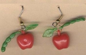 APPLE w-WORM EARRINGS-Teacher Vintage Mini Fruit Orchard Jewelry - $5.97